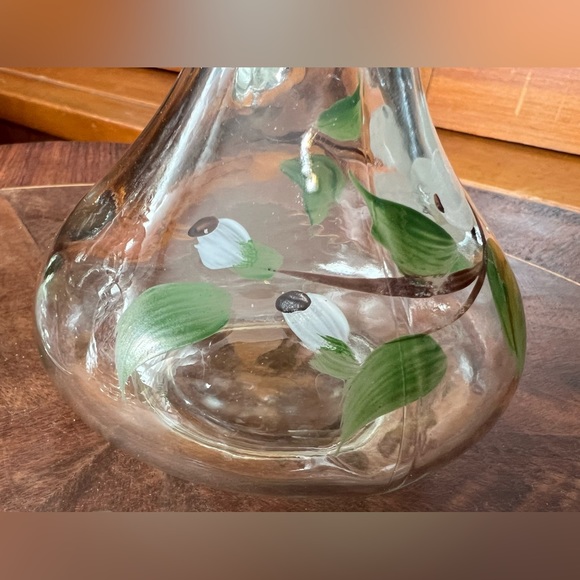 Vtg Cruet Set Hand Painted Glass Pair Floral Dogwood Pattern White Green Brown - Picture 11 of 12